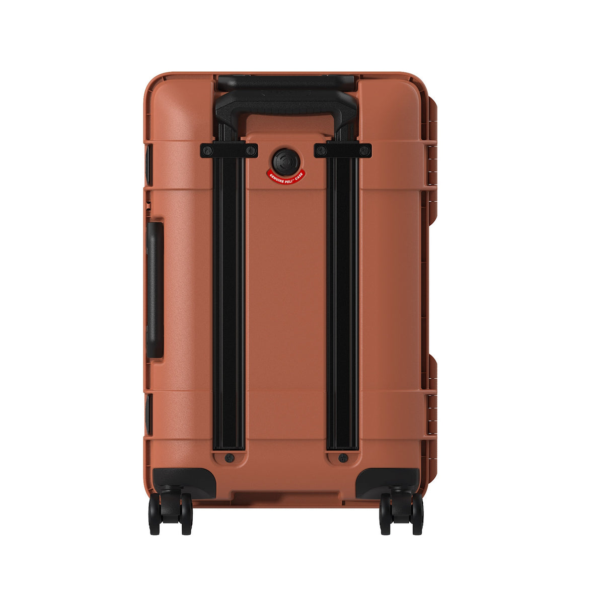 Peli ATX HC22 carry-on suitcase in Iron Clay, rear view showing the spinner wheels