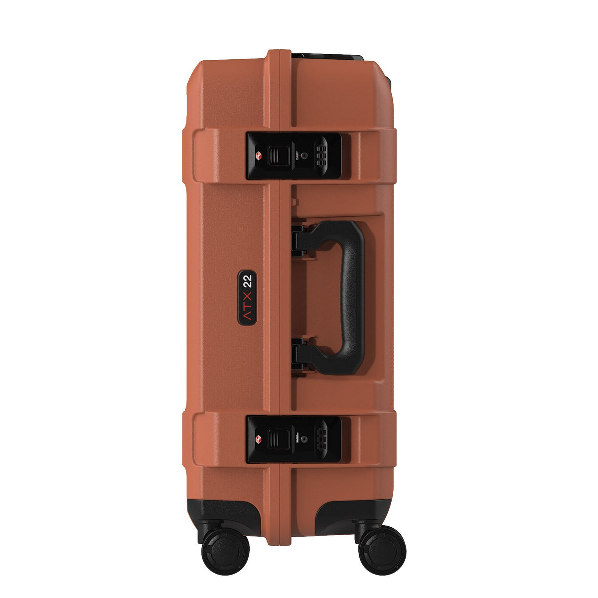 Peli ATX HC22 carry-on suitcase in Iron Clay, side view showing the hard-shell profile