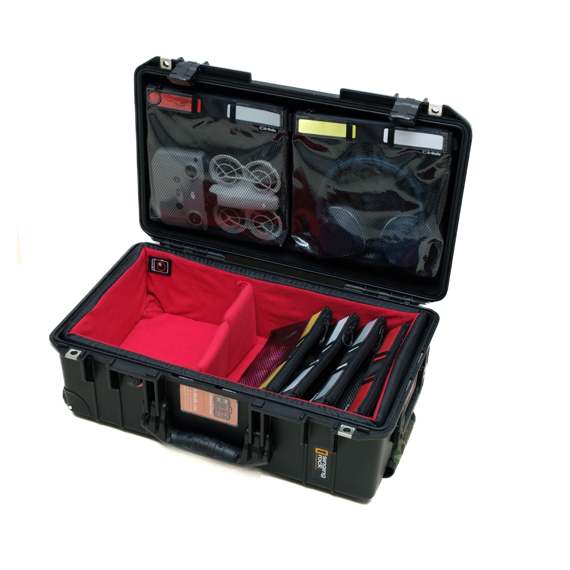 Two large mesh pouches of the LID1519OBL2 organizer mounted in a Peli case lid