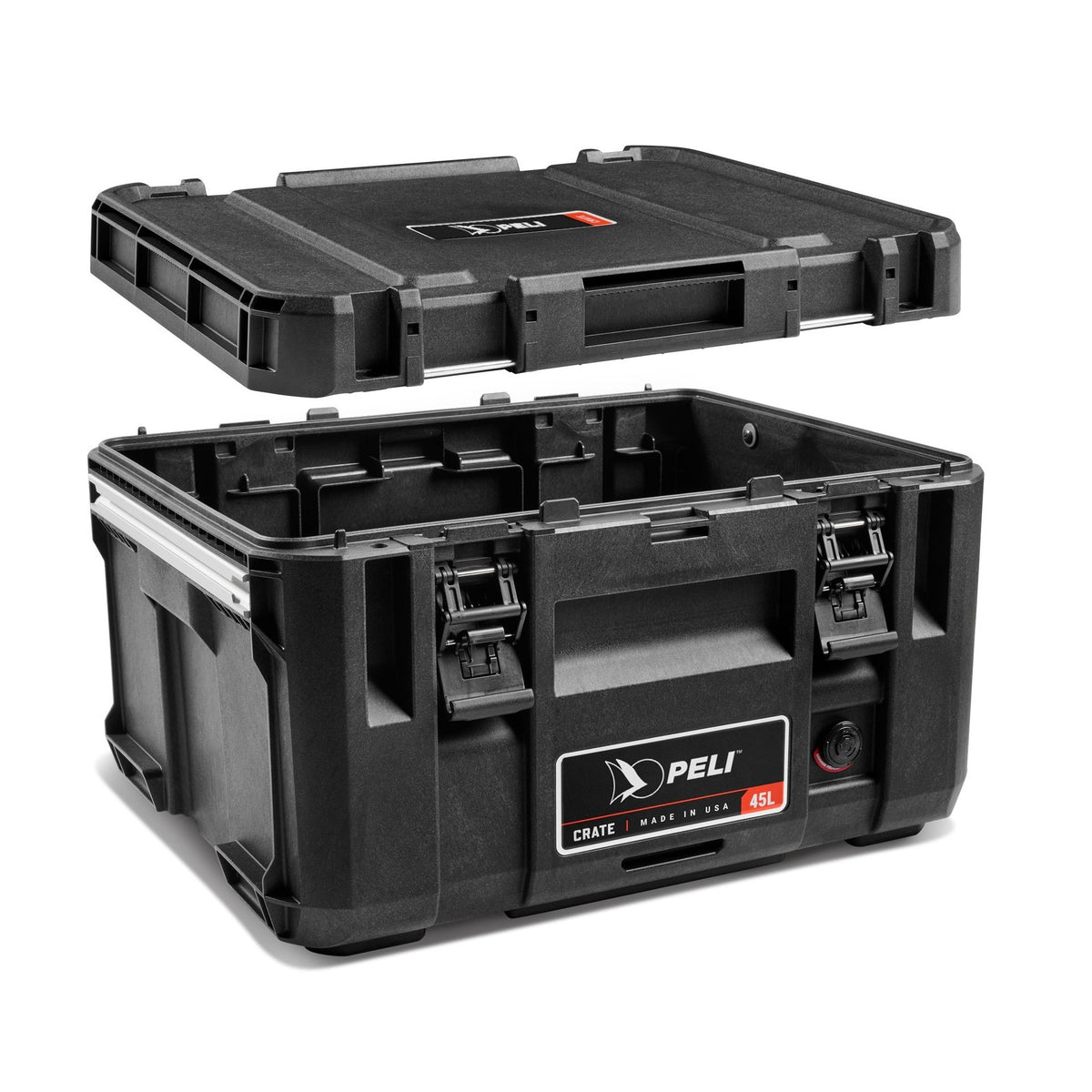 Peli CRATE 45L modulær transportkasse i svart med lokket løftet av, som viser det åpne interiøret og Peli-logoen