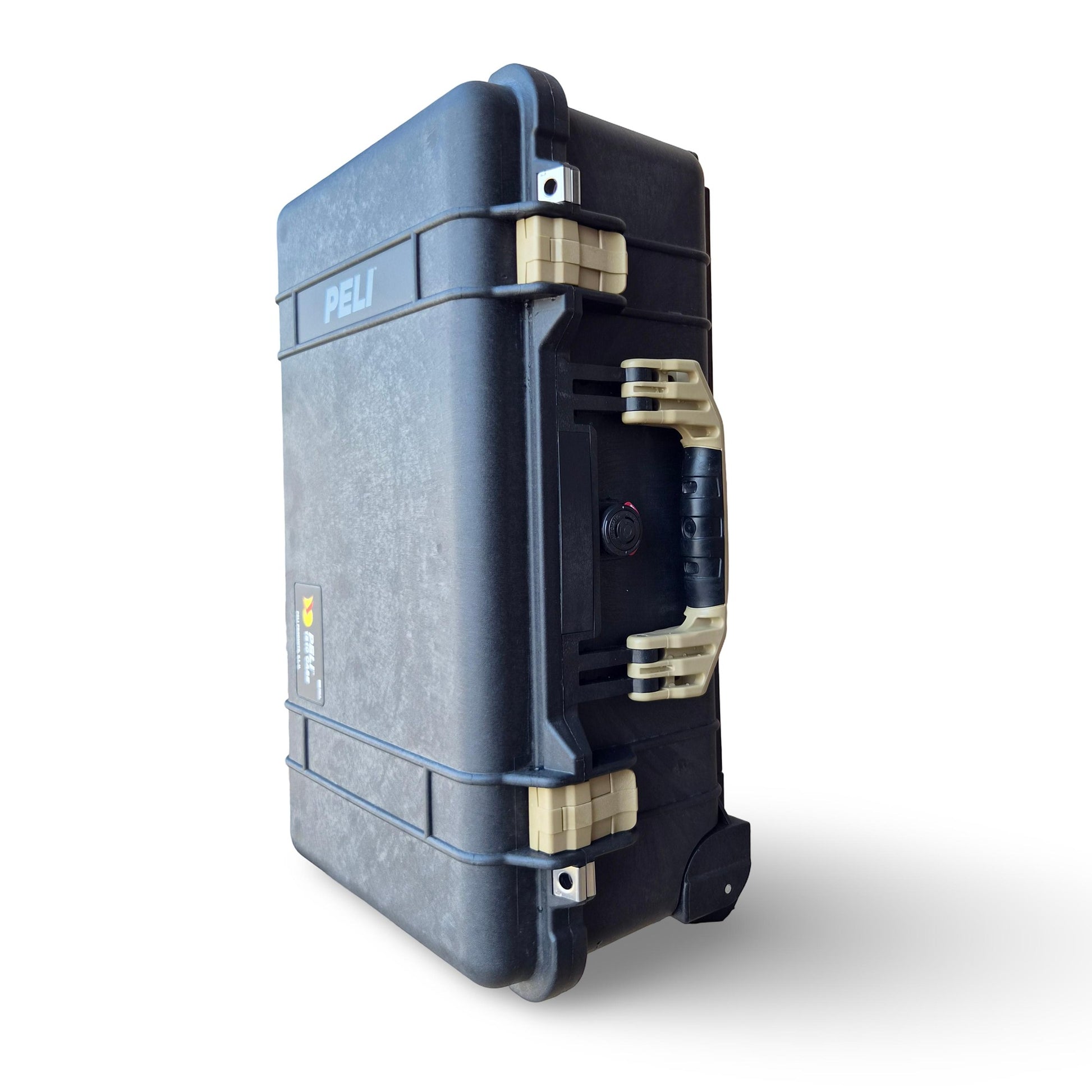 Peli 1510 black and Desert Tan rigid case on polyurethane wheels