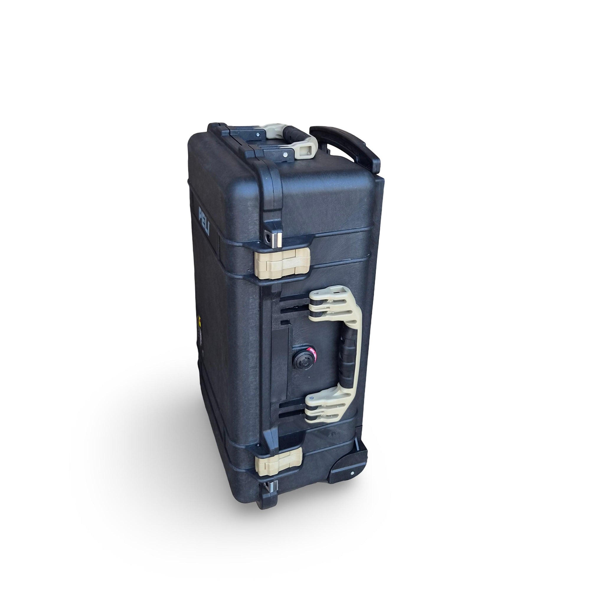 Black Peli 1510 with Desert Tan trim, retractable trolley handle extended, hard rolling case