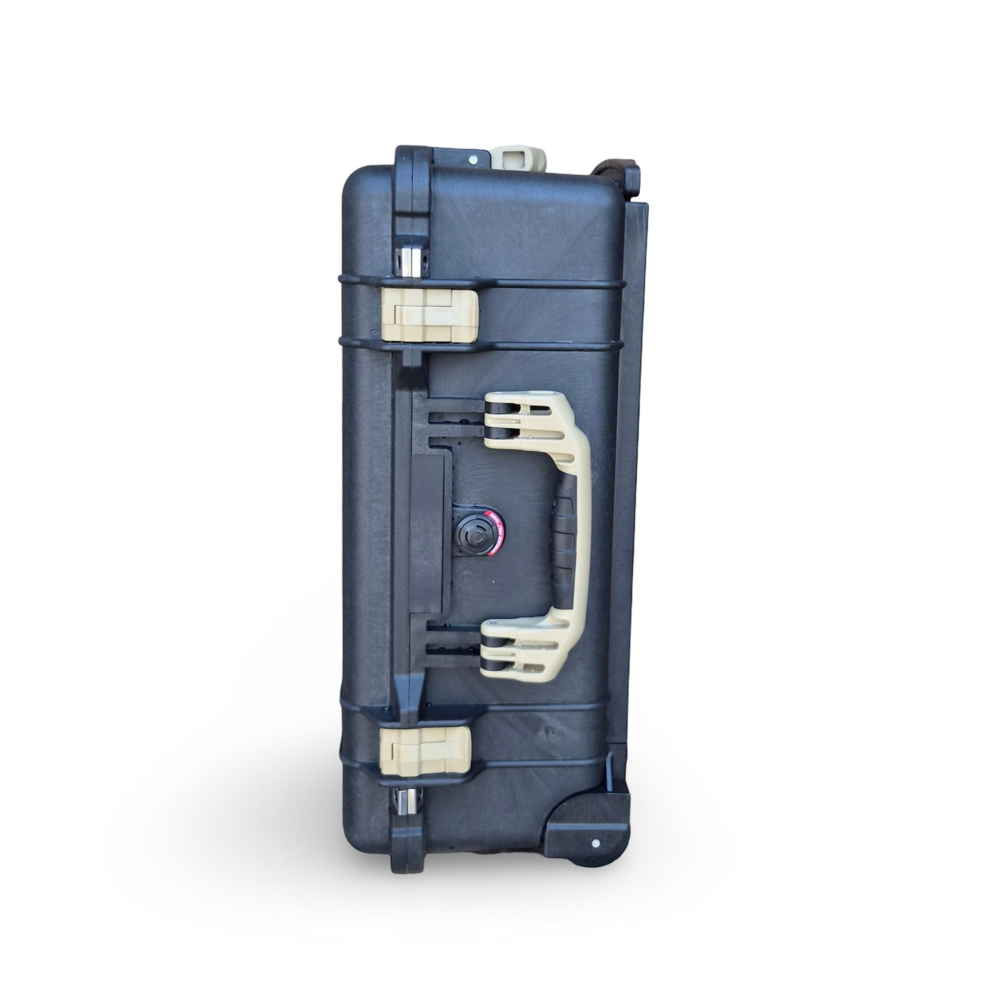 Peli 1510 wheeled hard case, black shell with Desert Tan grips and latches