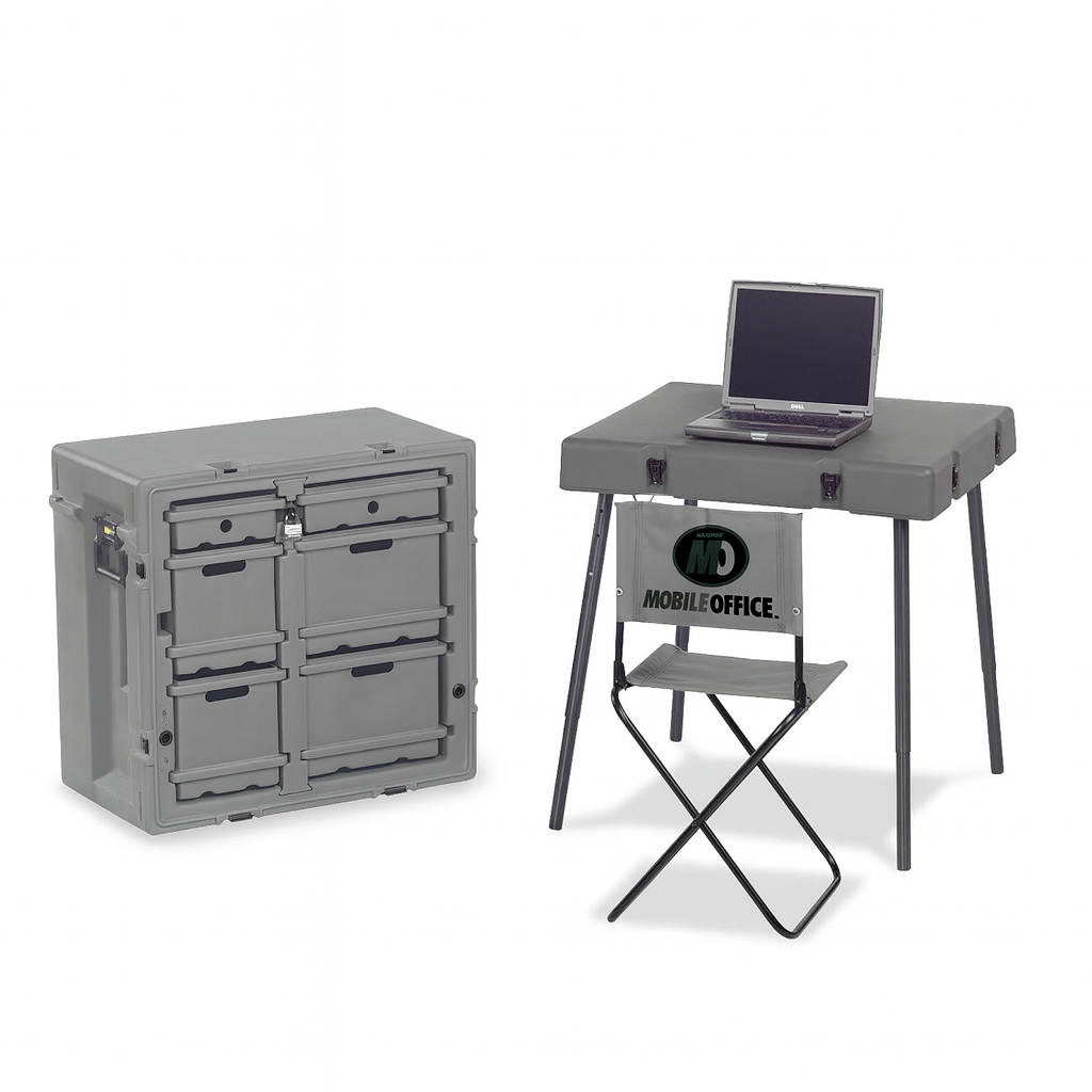 Peli 474-ADMIN-DESK compact admin desk in Desert Tan colour showing four detachable leg connection