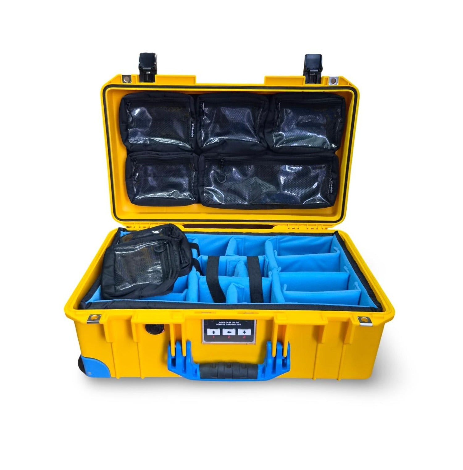 Valise Peli Air 1535 Jaune et Bleu avec organiseur de couvercle à pochettes en filet transparent (LID1519MC7N)