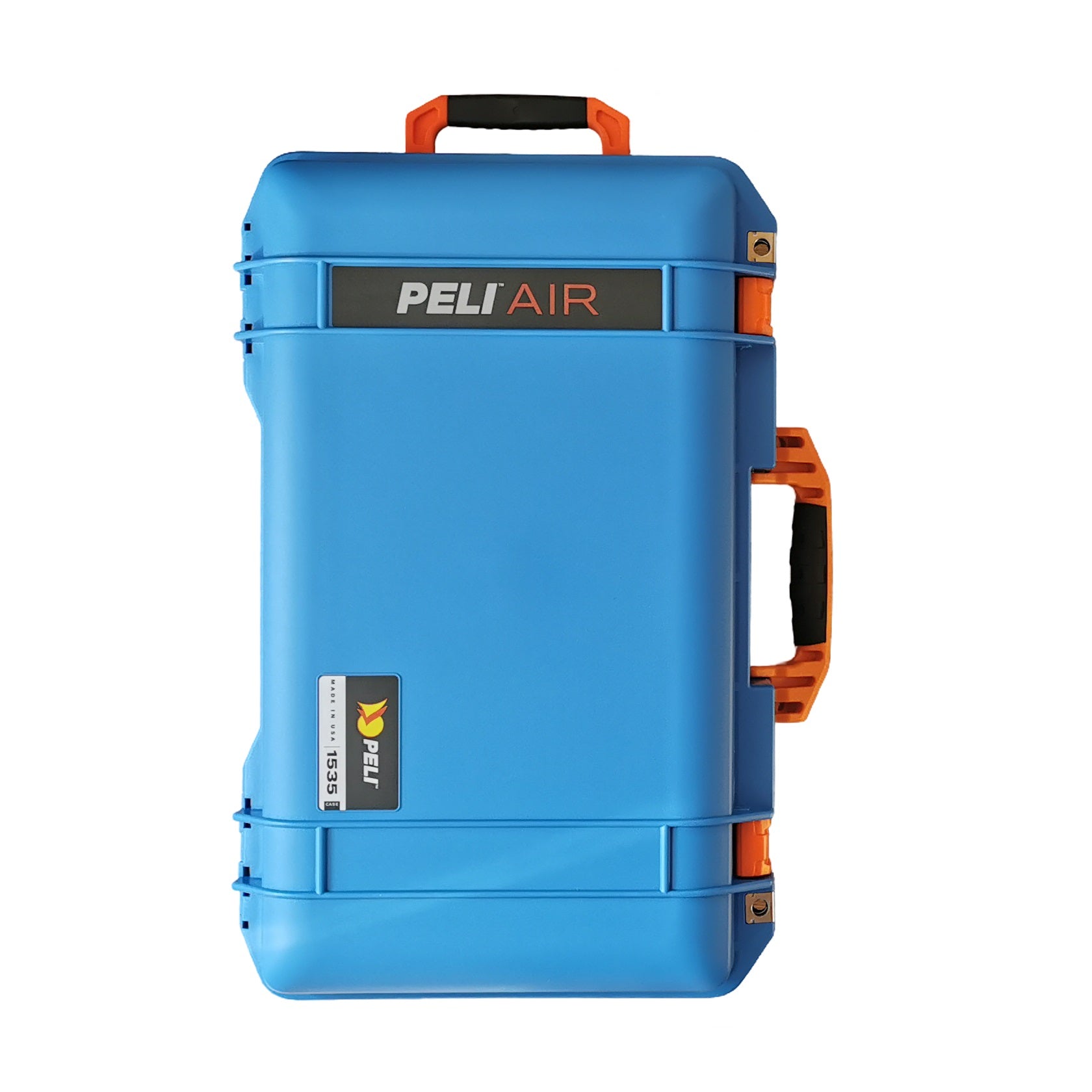 Peli Air 1535 blue with orange latches and handles
