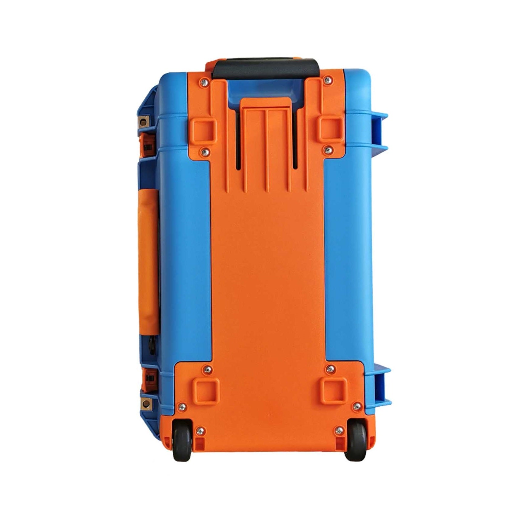 Peli Air 1535 blue with orange latches and handles opened