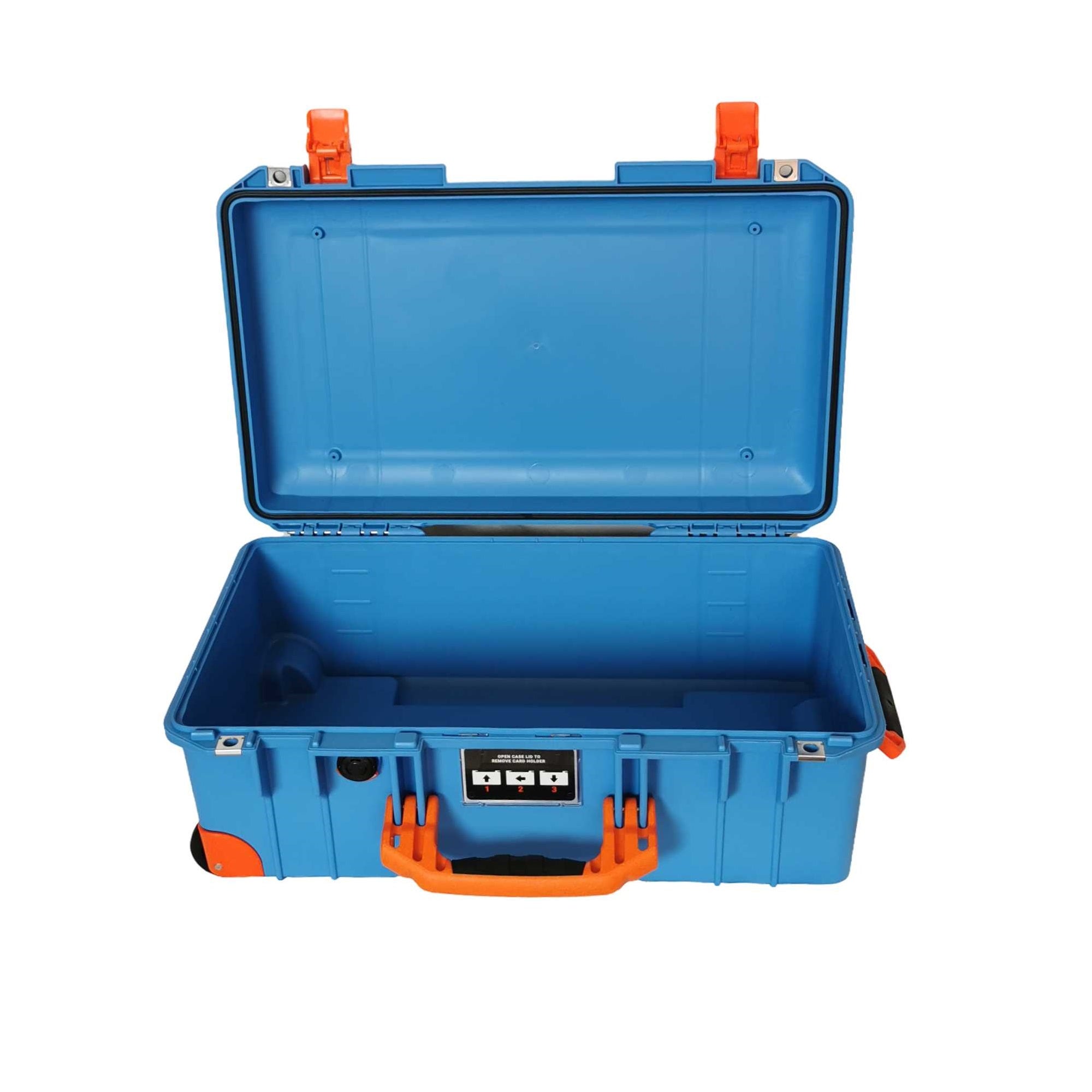Peli Air 1535 blue with orange latches and handles opened

