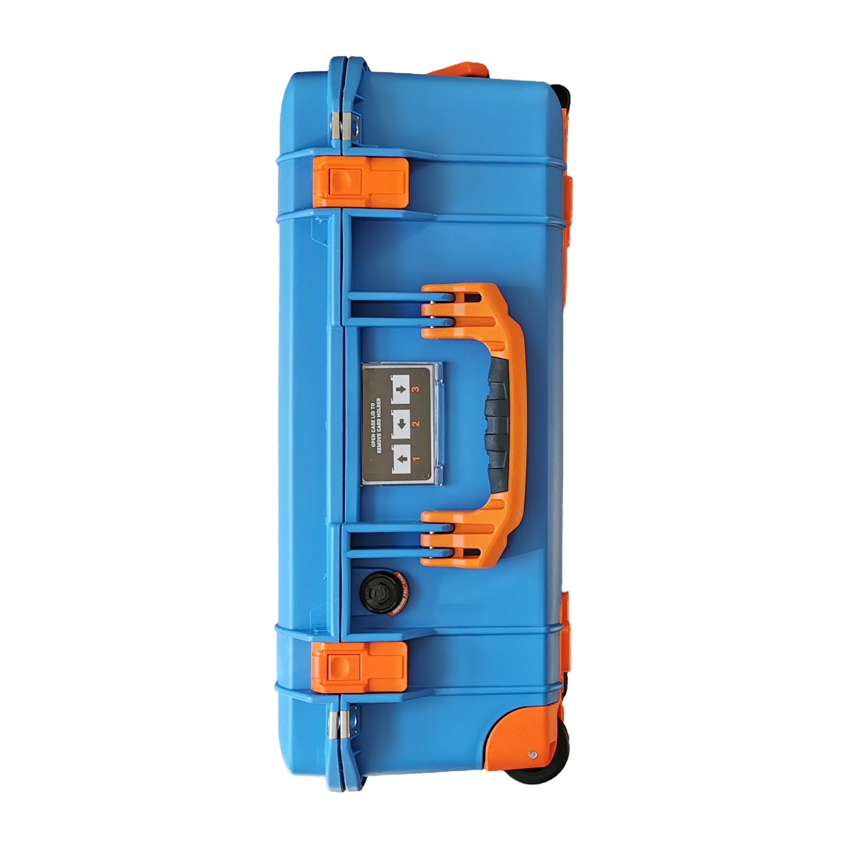 Peli Air 1535 blue with orange latches and handles profile