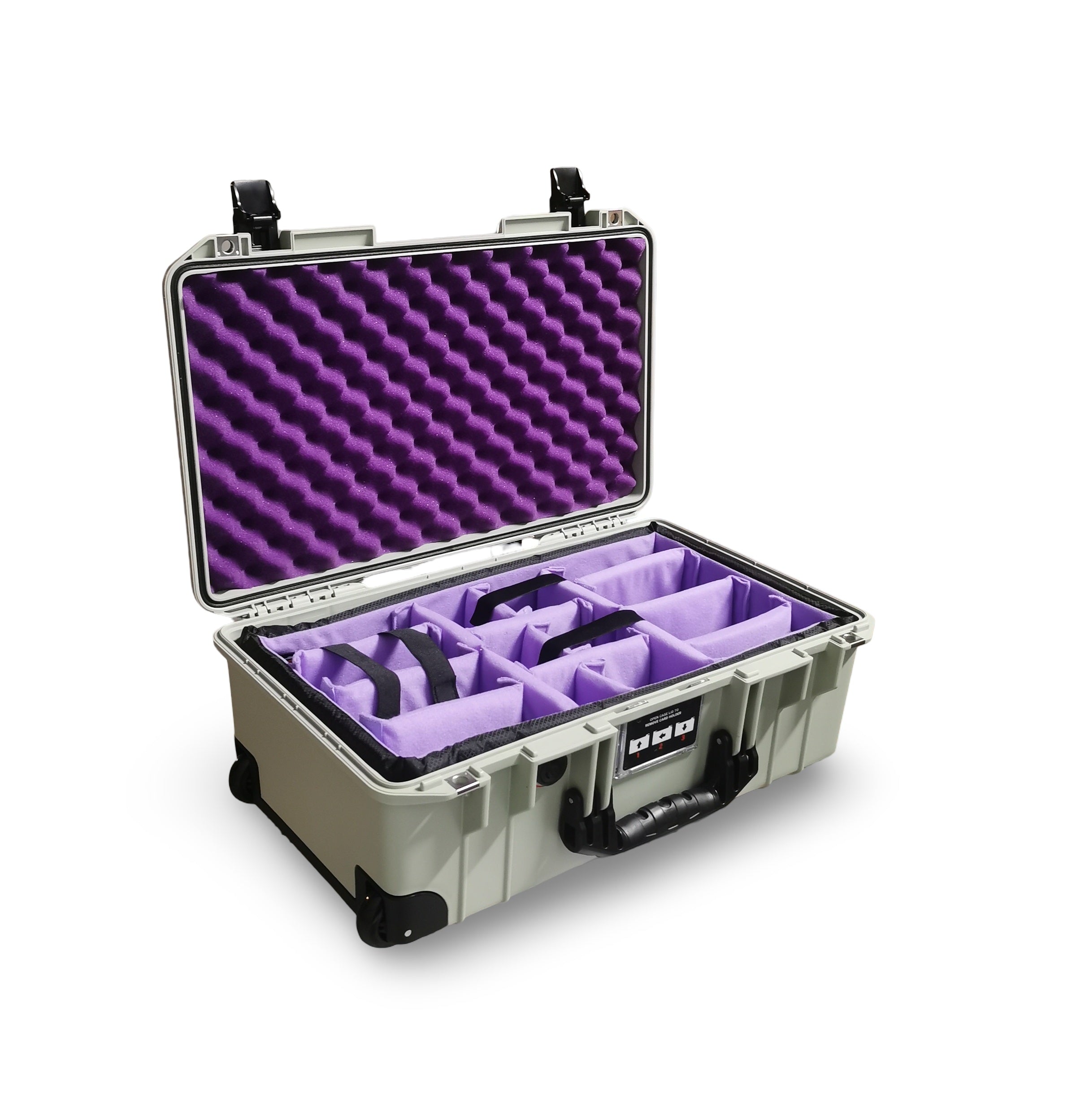 Peli Air 1535 Koffer in Salbeigrau mit violettem gepolstertem Trennwandsystem und violettem Deckelschaum