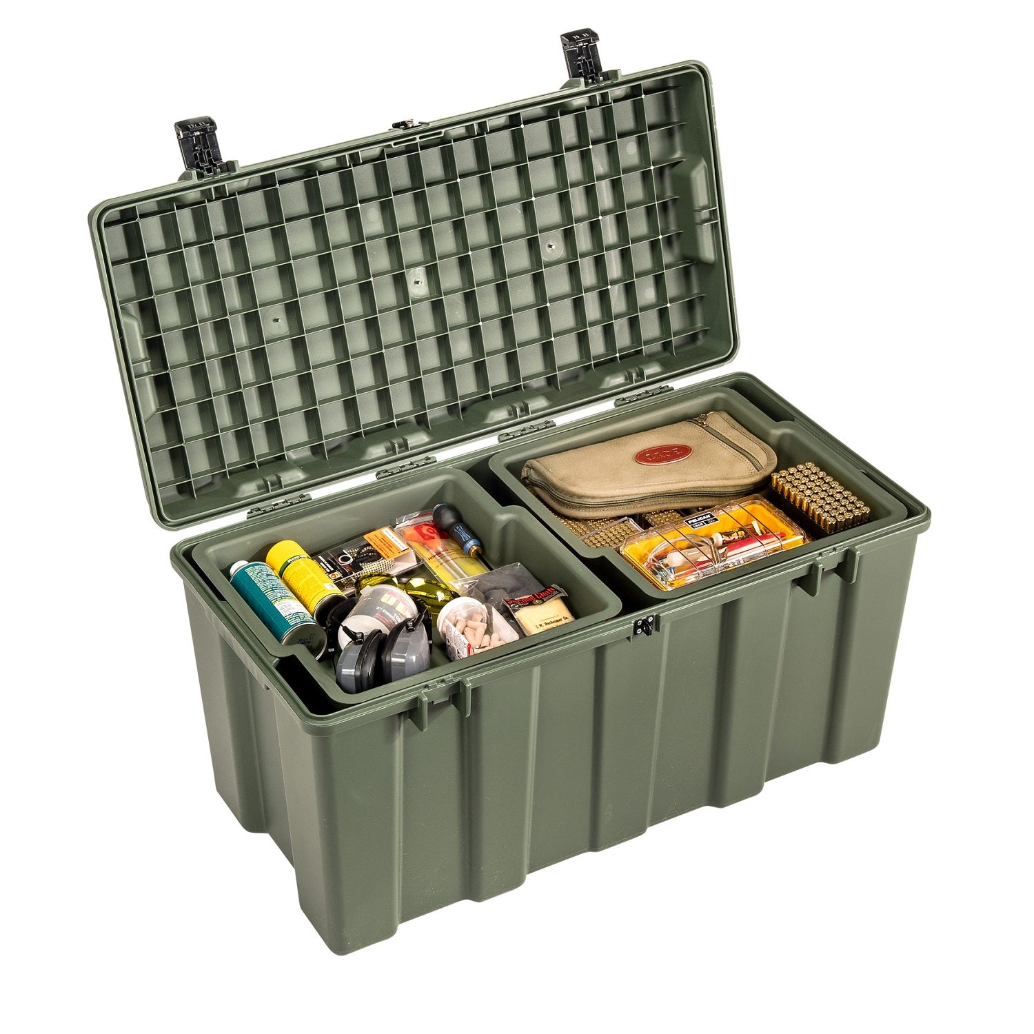 TL500i Military Trunk Locker exterior view — black and OD Green variants with Press & Pull latches and lock-ready hasps