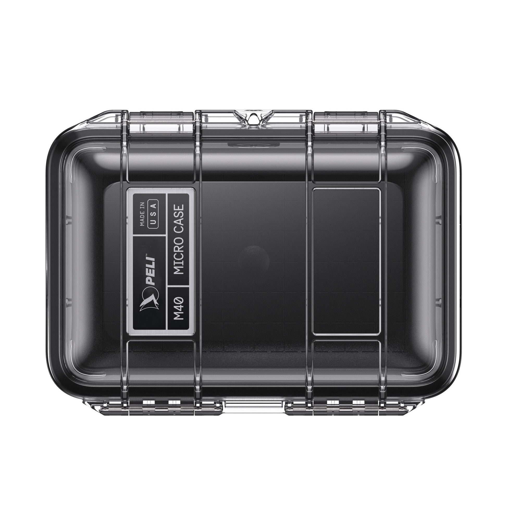 Peli M40 Mikro-Case aufrecht stehend, transparenter Deckel über schwarzer wasserdichter Basis