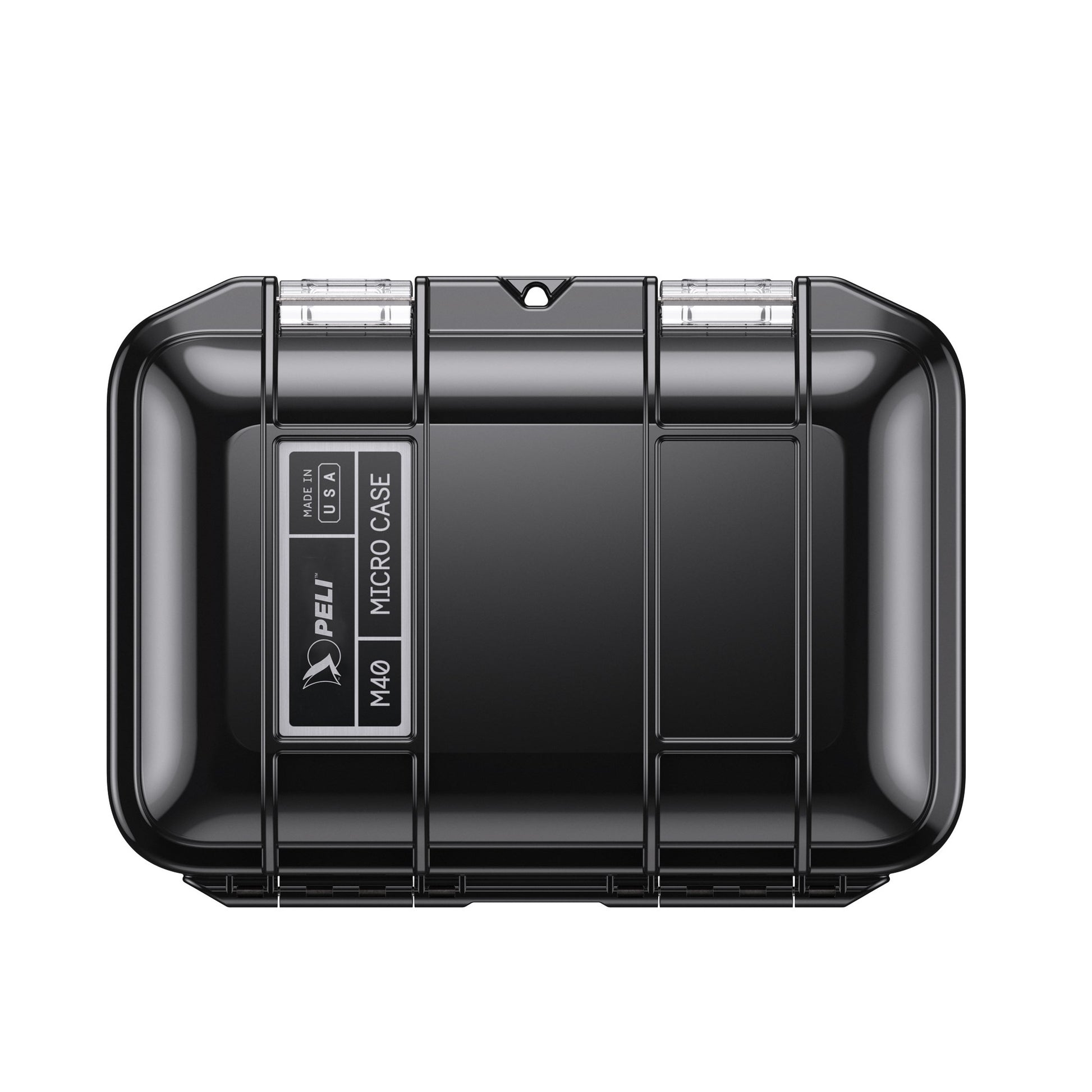 Peli M40 Micro Case zwart — rechtopstaand, dubbele sluitingen en hangslotgat zichtbaar