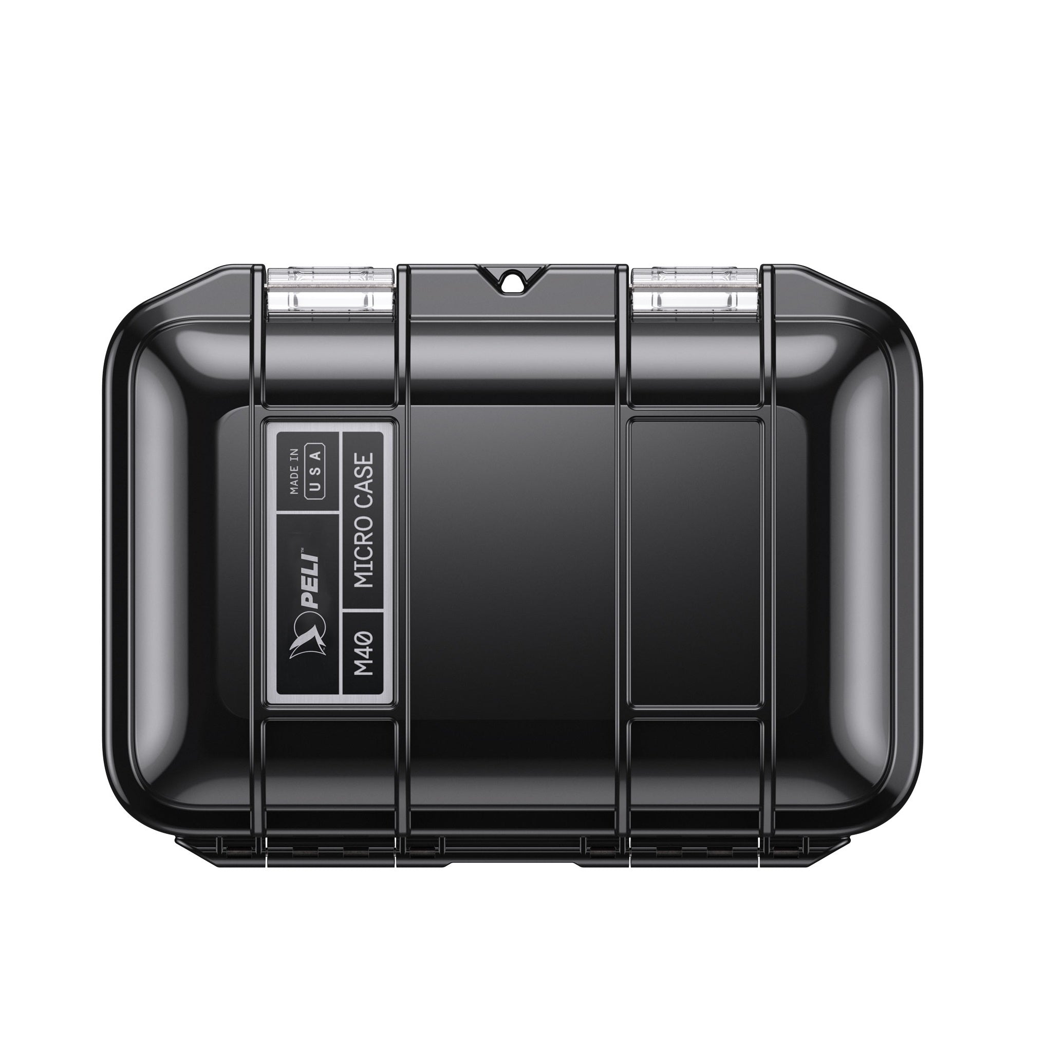 Peli M40 Micro Case black — standing upright, dual latches and padlock hole visible