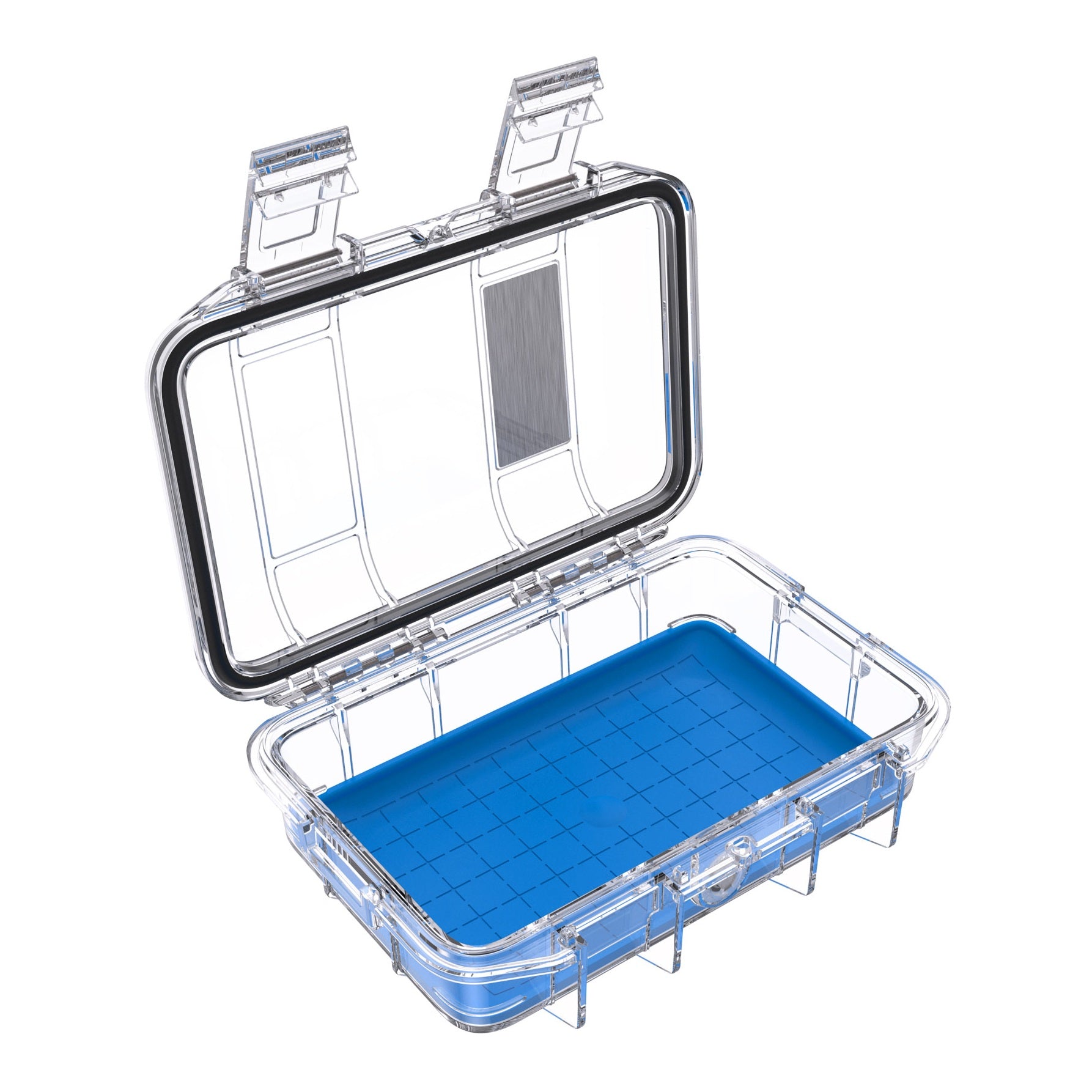 Peli M40 Micro Case Transparent/Blau schräg geöffnet, mit tiefblauem Boden und durchsichtigem Deckel