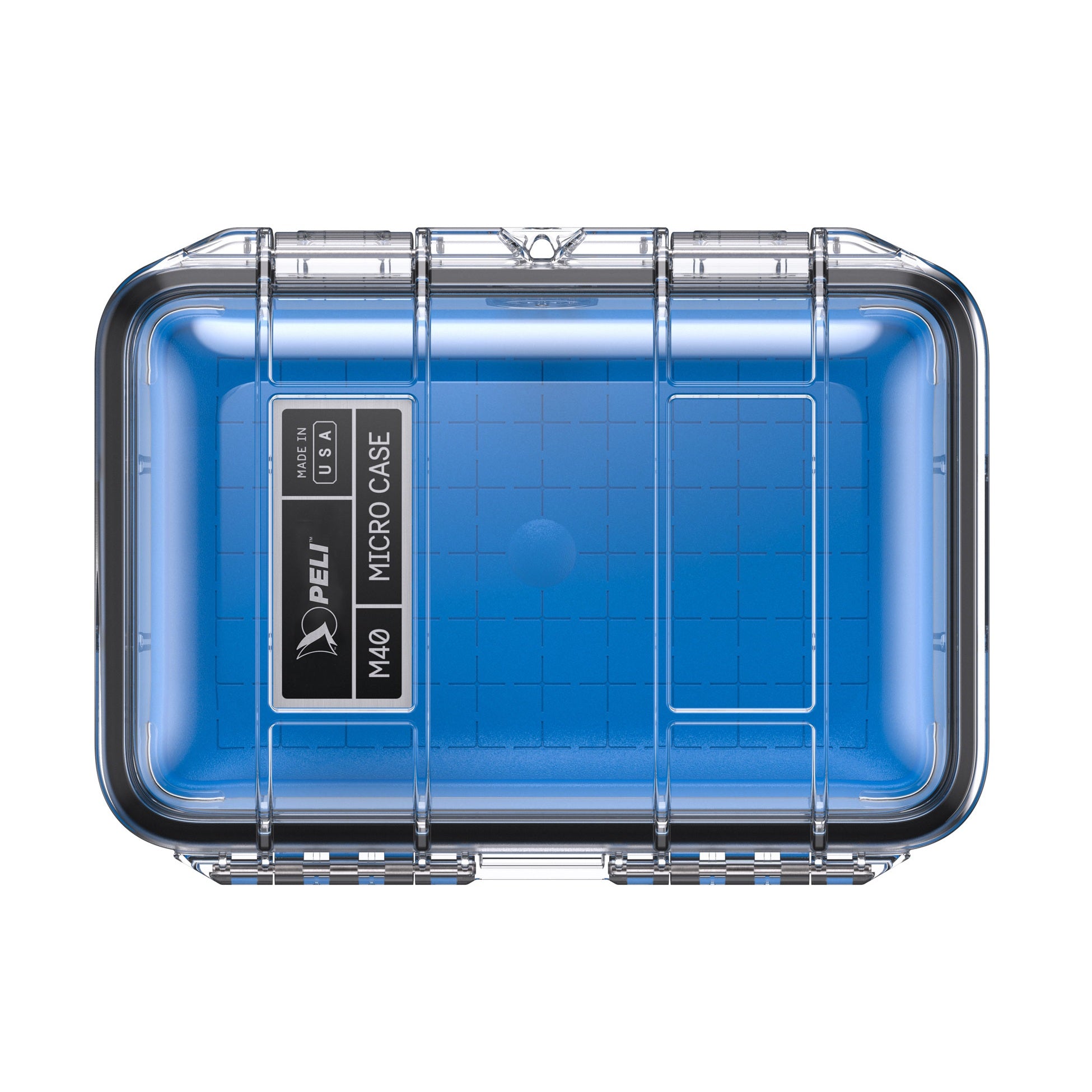 Peli M40 Micro Case Transparent/Blau aufrecht stehend, kompakter wasserdichter IP67-Hartschalenkoffer