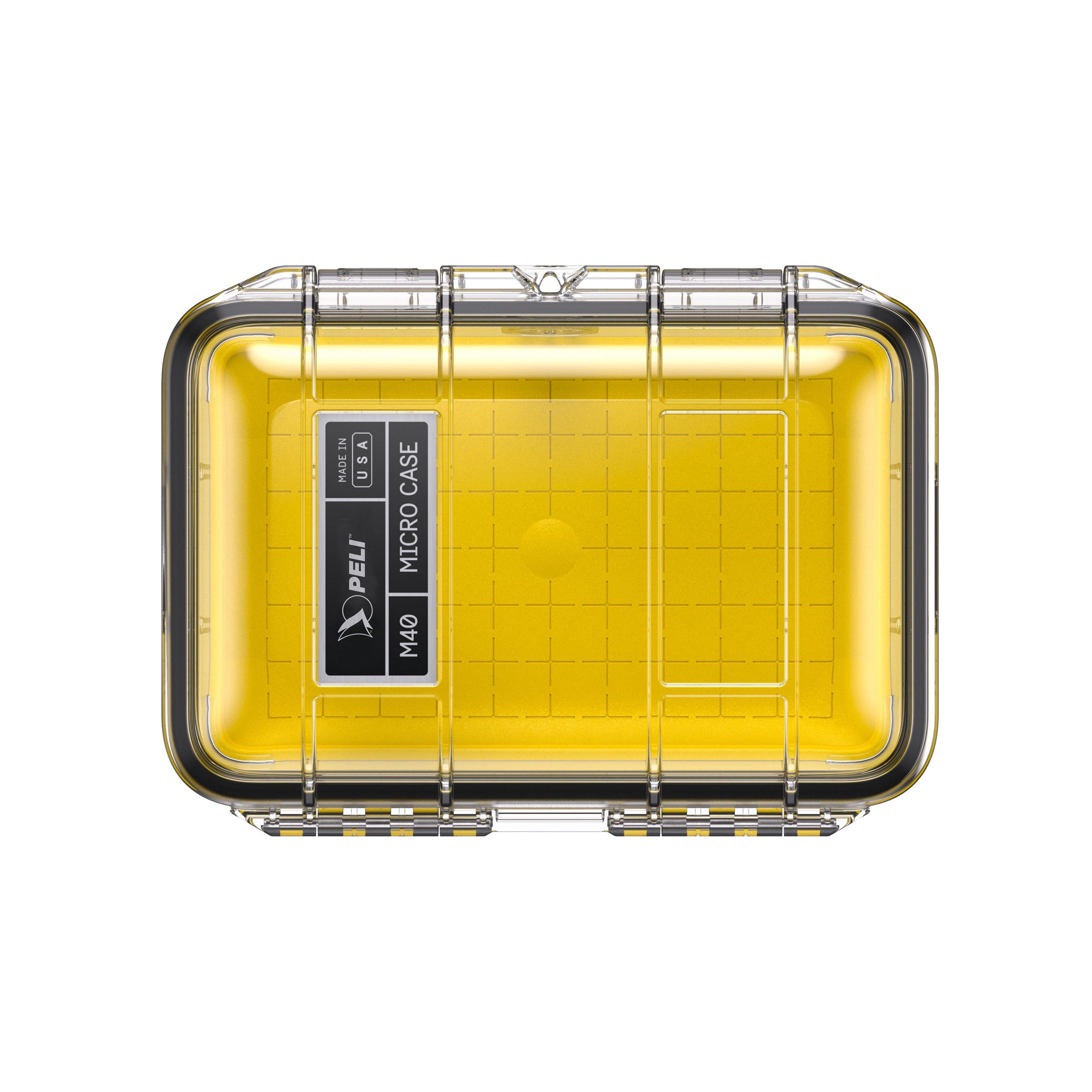 Peli M40 transparent/gul mikrokuffert stående på enden, der viser den kompakte størrelse på én liter