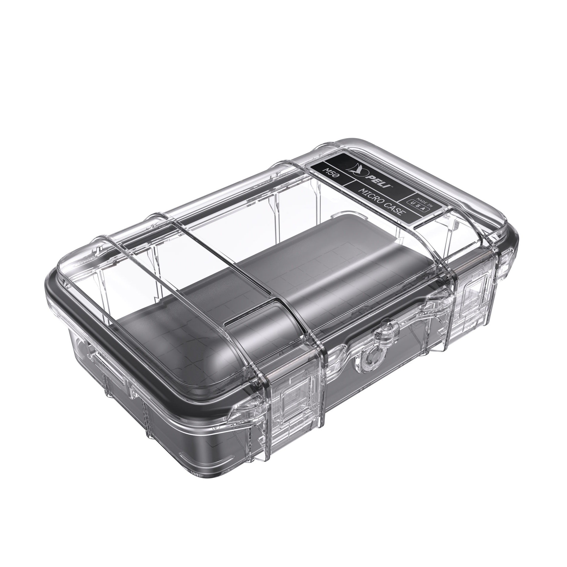 Peli M50 Micro Case caurspīdīgs/melns — aizvērts, caurspīdīgs vāks uz matēti melna korpusa