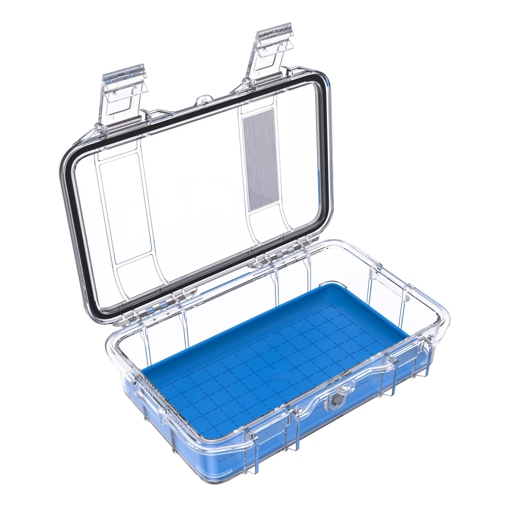 Peli M50 Micro Case Gennemsigtigt/Blåt — åben, med aftagelig skridsikkert skumfôr