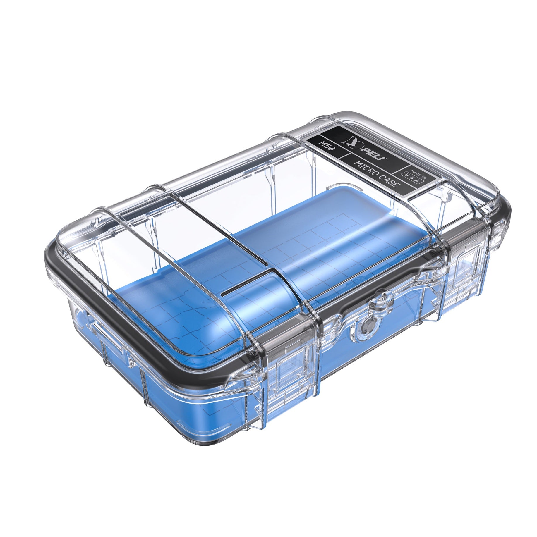 Peli M50 Micro Case Gennemsigtigt/Blåt — vinkelvisning af det klare polykarbonat-låg