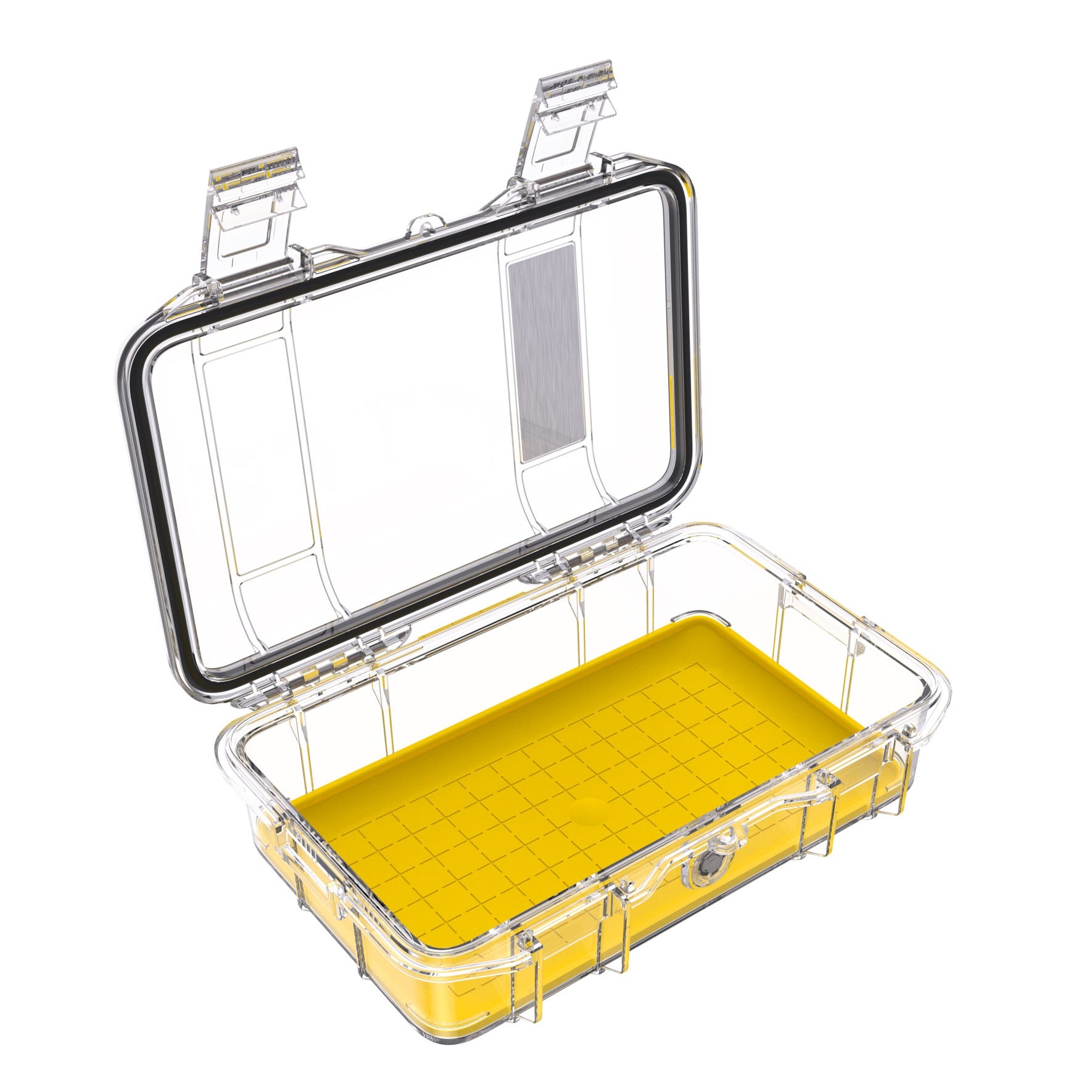 Peli M50 Micro Case Clear/Yellow — atvērts augshās-lejas skats ar iekšējiem izmēriem 18,5 × 10,9 × 6,1 cm