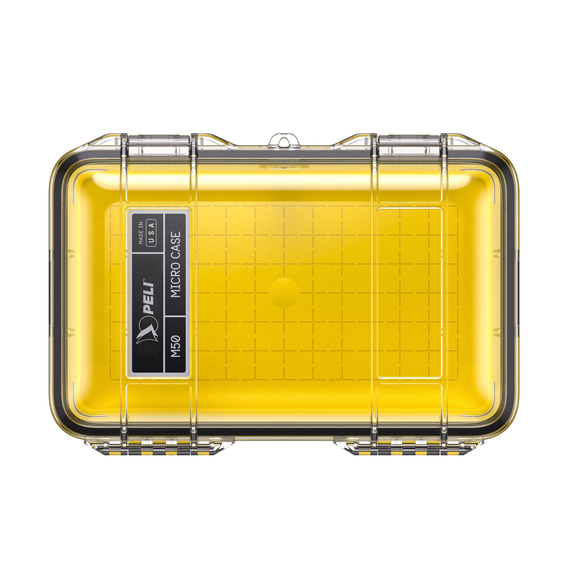 Peli M50 Micro Case Clear/Yellow — vertikāls profils ar diviem pozītīvas darbības aizdariem un piekaram a slēdzeņa atverī