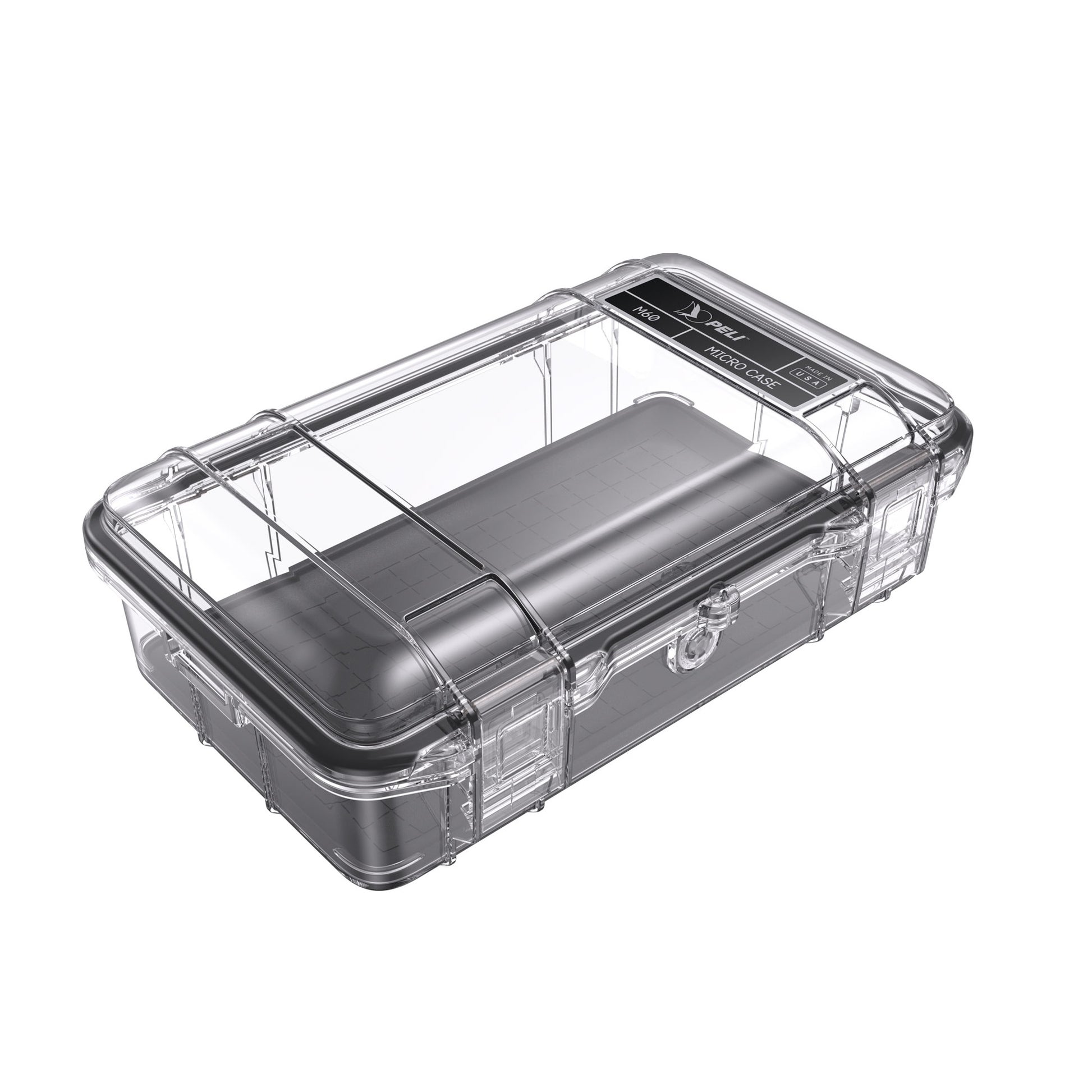 Peli M60 -mikrokotelo kirkkaana/mustana, suljettuna, näkyvissä musta pohja ja läpinäkyvä kansi