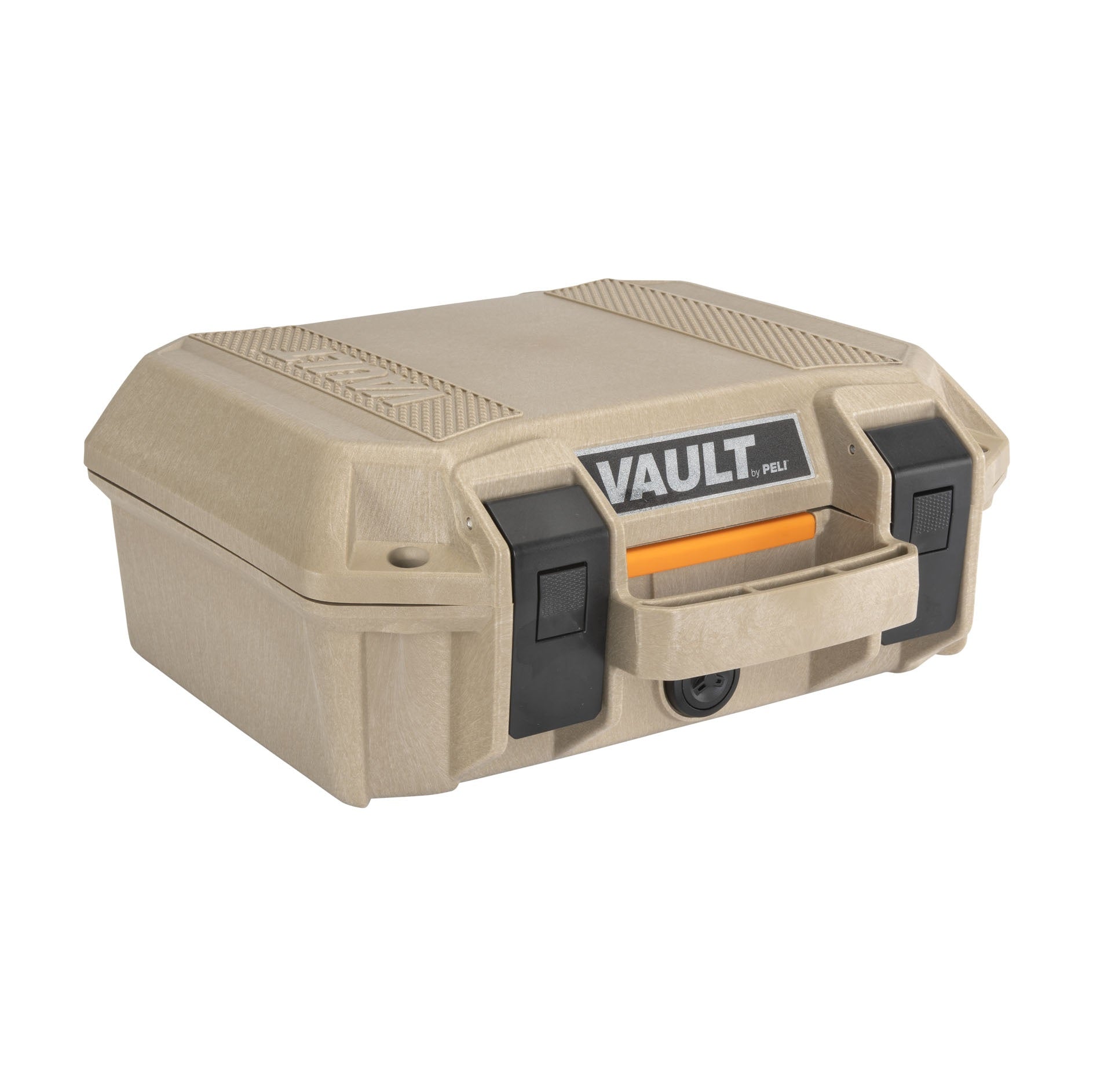 Peli Vault V100 mali kofer za pištolj u boji Desert Tan — postavljen uspravno, prikazuje kompaktne dimenzije