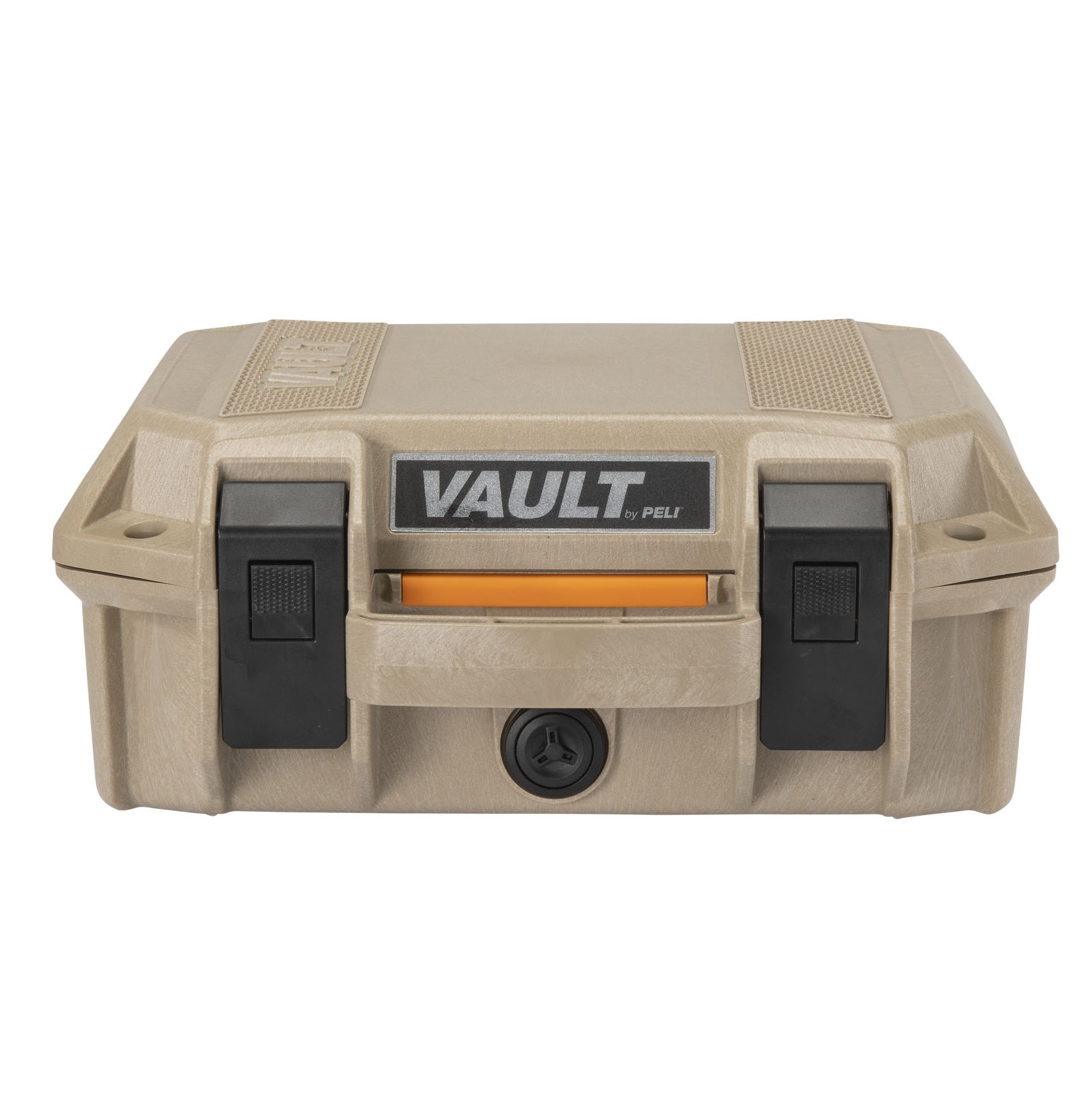 Peli Vault V100 mali kofer za pištolj u boji Desert Tan — zatvoren, pogled sprijeda