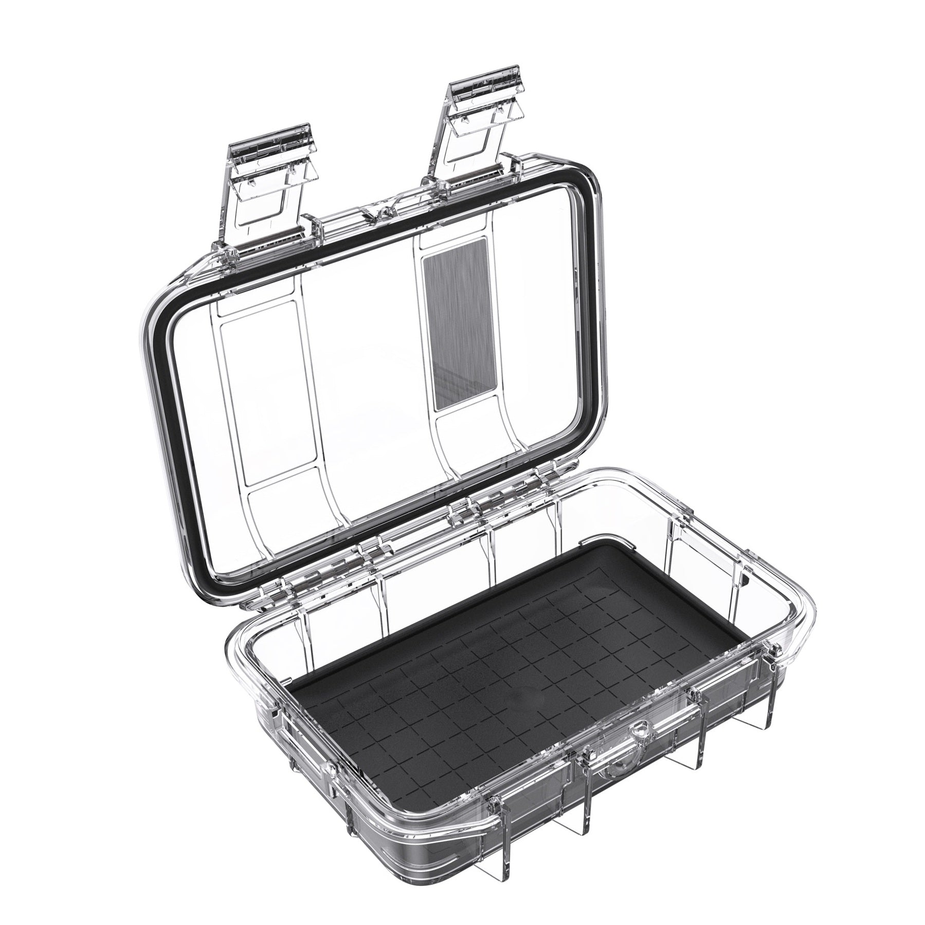 Geöffnetes Peli M40 Mikro-Case mit herausnehmbarem Anti-Rutsch-Einsatz und transparentem Deckel