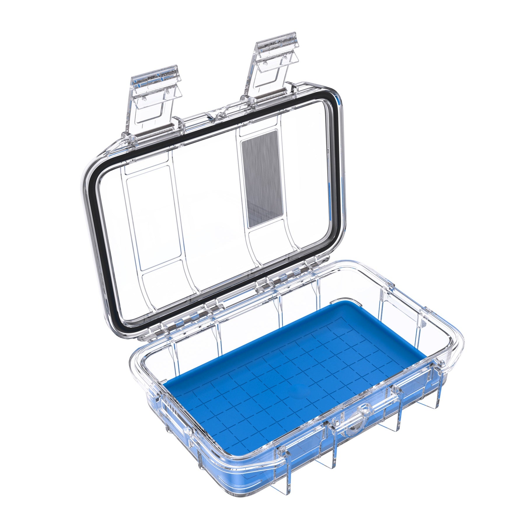 Geöffneter Peli M40 Micro Case Transparent/Blau mit O-Ring-Dichtung und herausnehmbarer rutschfester Einlage innen