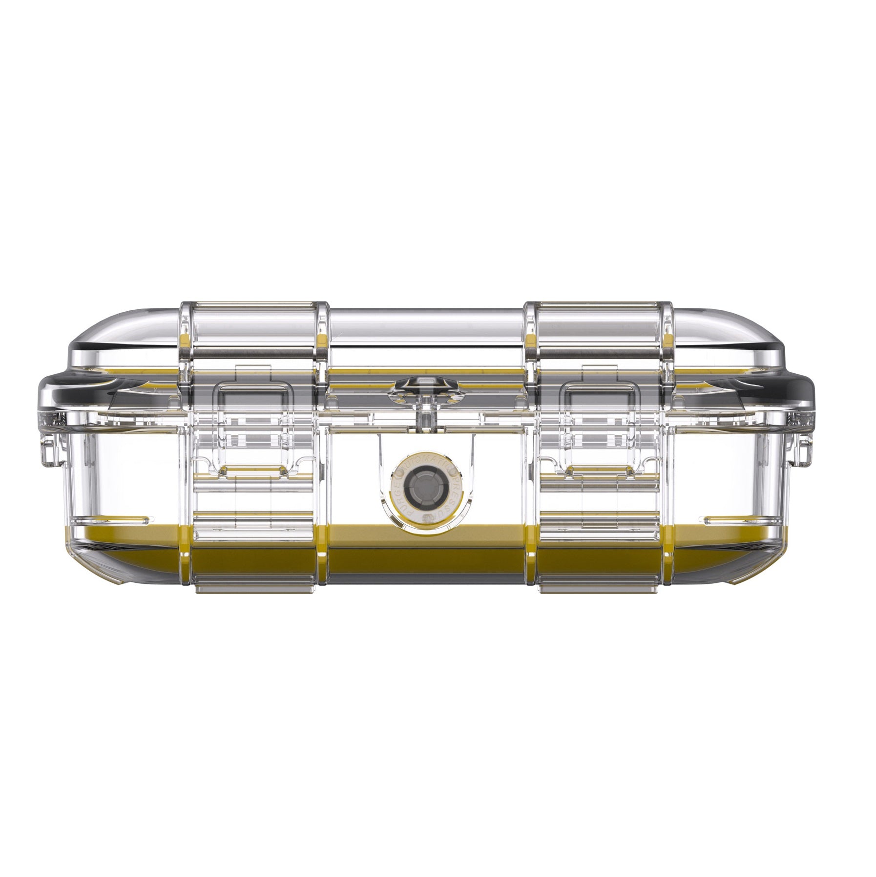 Side view of the closed yellow Peli M40 Micro Case showing twin latches and padlock hole