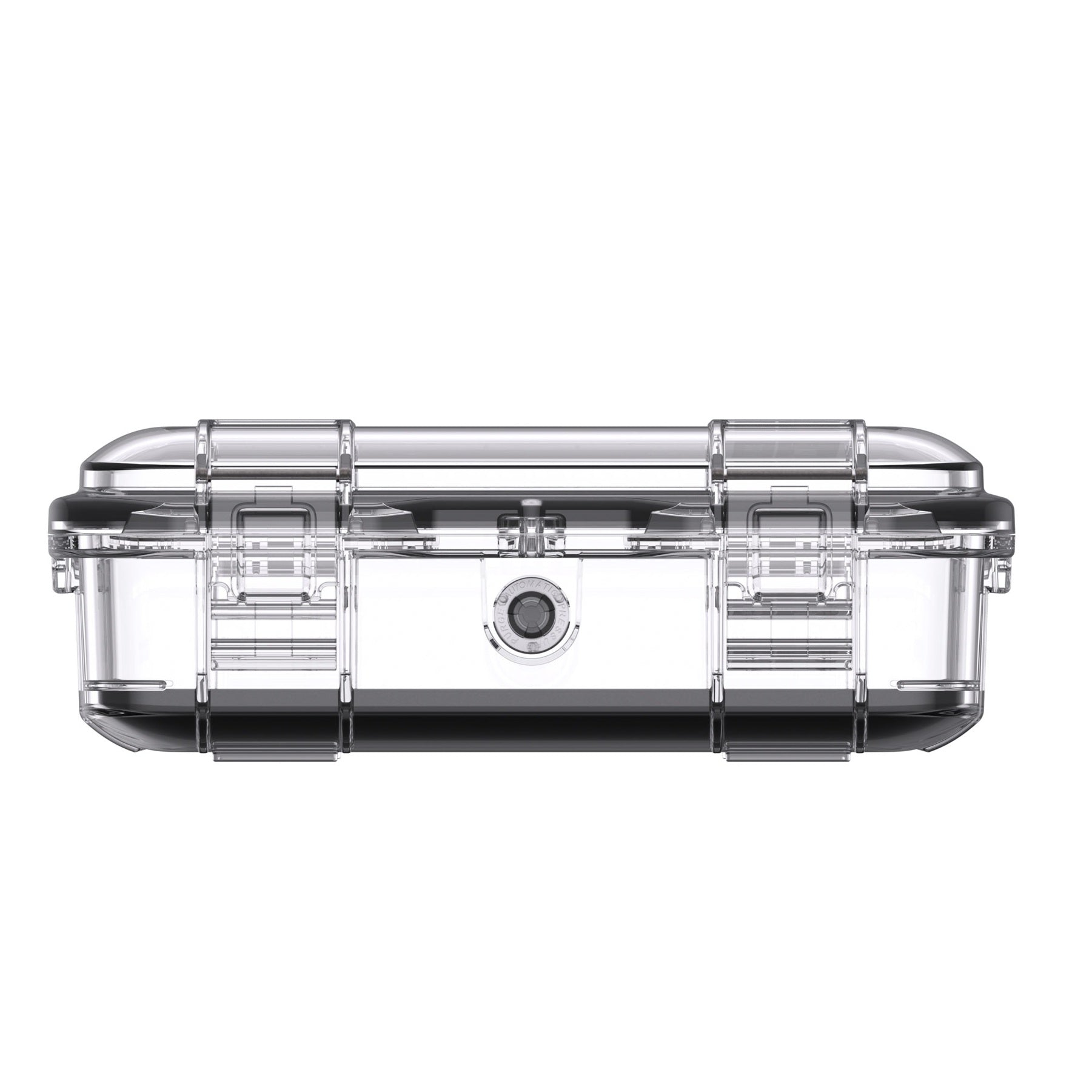 Peli M50 Micro Case sānu skats — divi aizkari, atslēgas caurums un automātiskais gaisa izvadīšanas vārsts