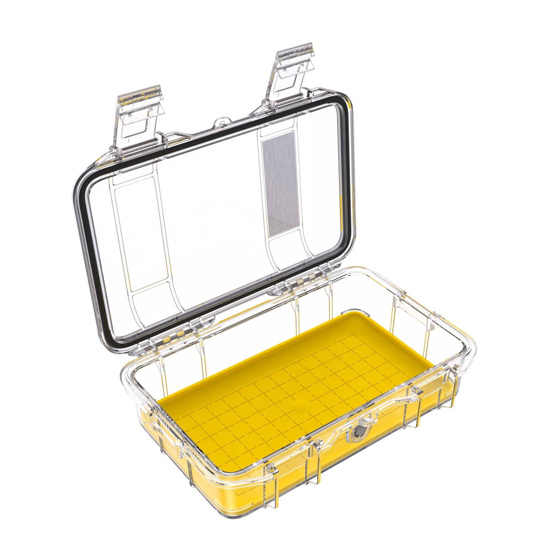 Peli M50 Micro Case Clear/Yellow — vāks atvērts ar pilna perimetra O-gredzena blīvējumu un noņemamu pretsľudēšanas oderi