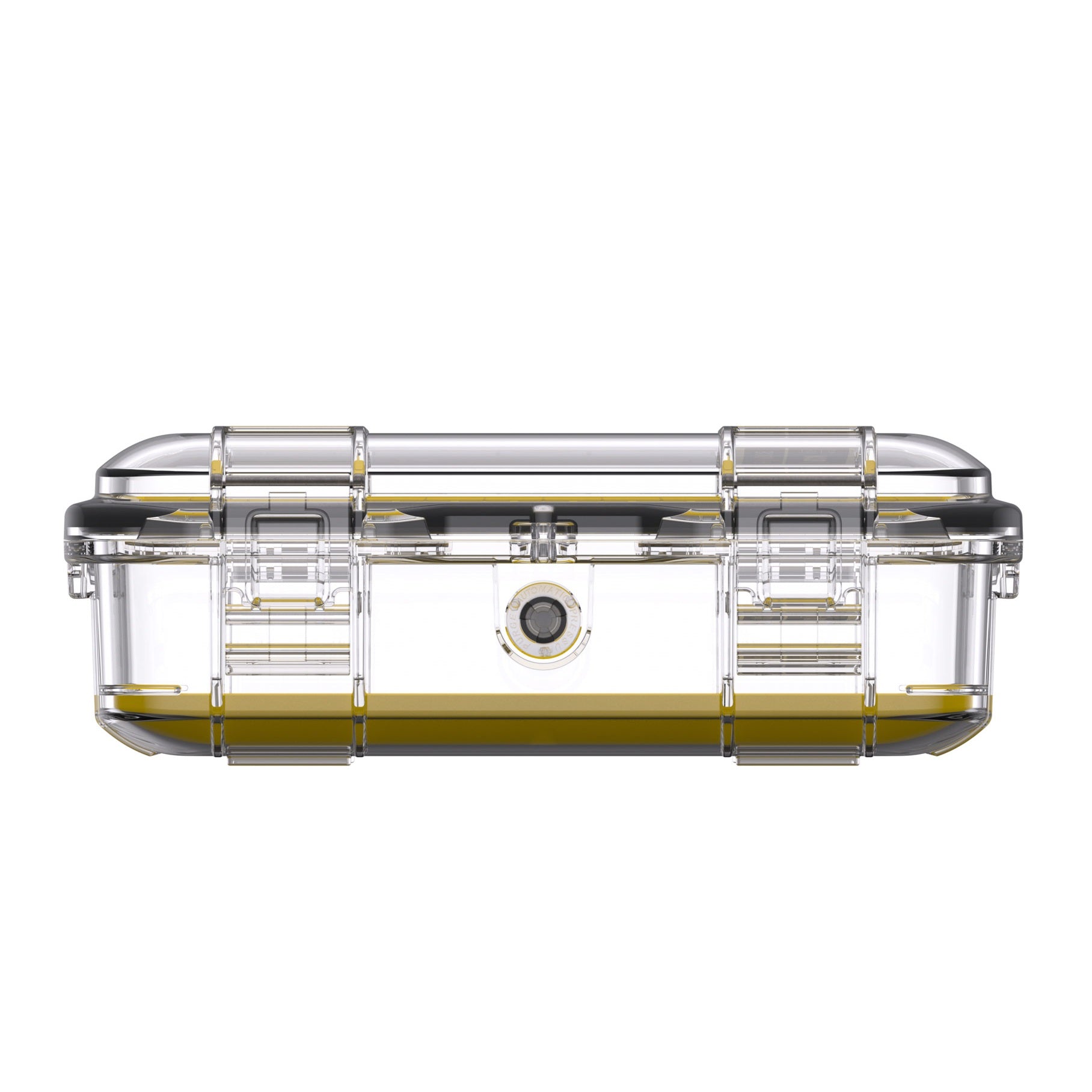 Peli M50 Micro Case Clear/Yellow — sānu skats ar nerūsējošā tēraudā furnītūru un kompaktu formas faktoru
