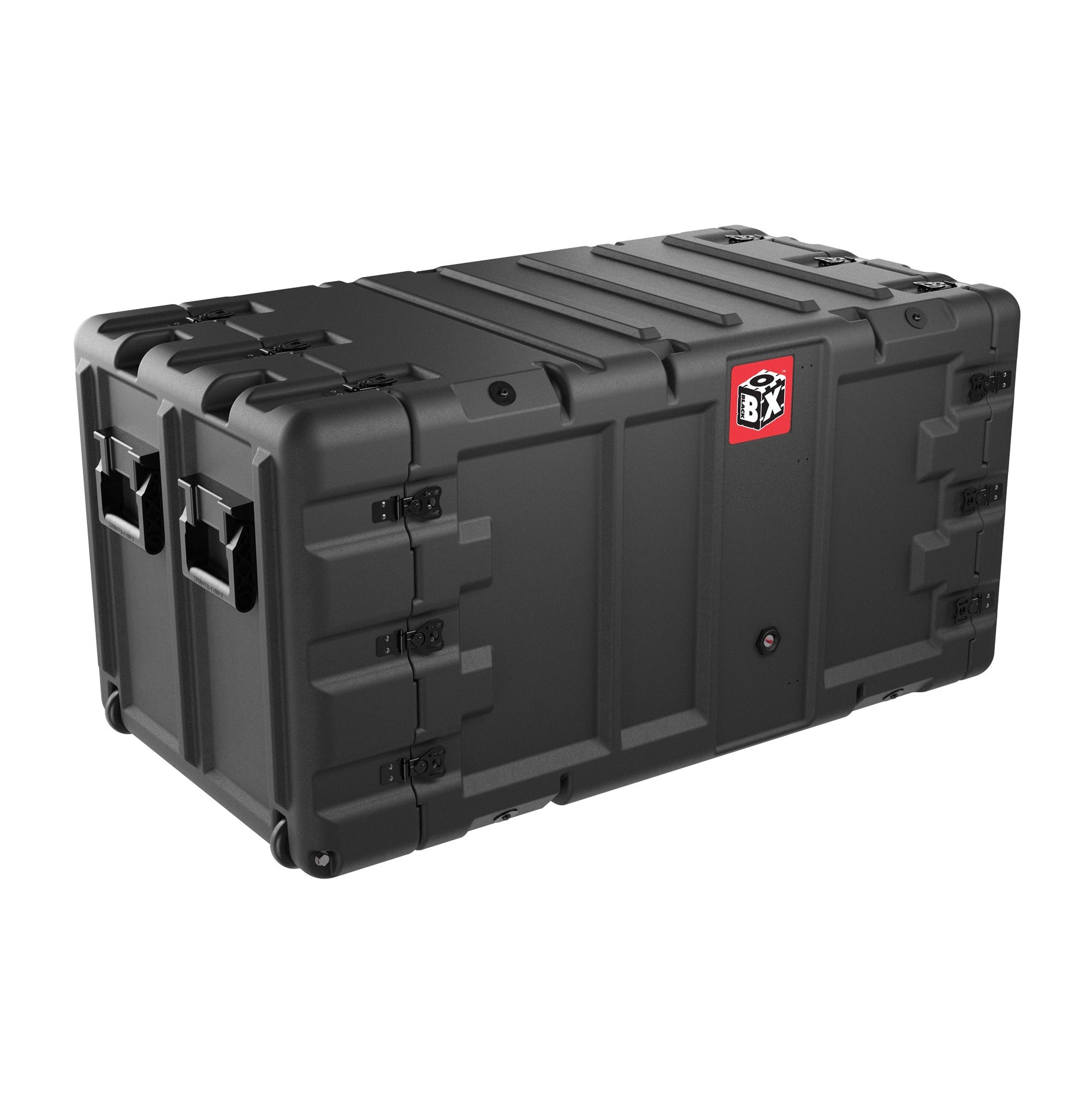 Peli BlackBox 9U 30-inch rack mount transport case in black with dual removable lids and elastomeric shock mounts
