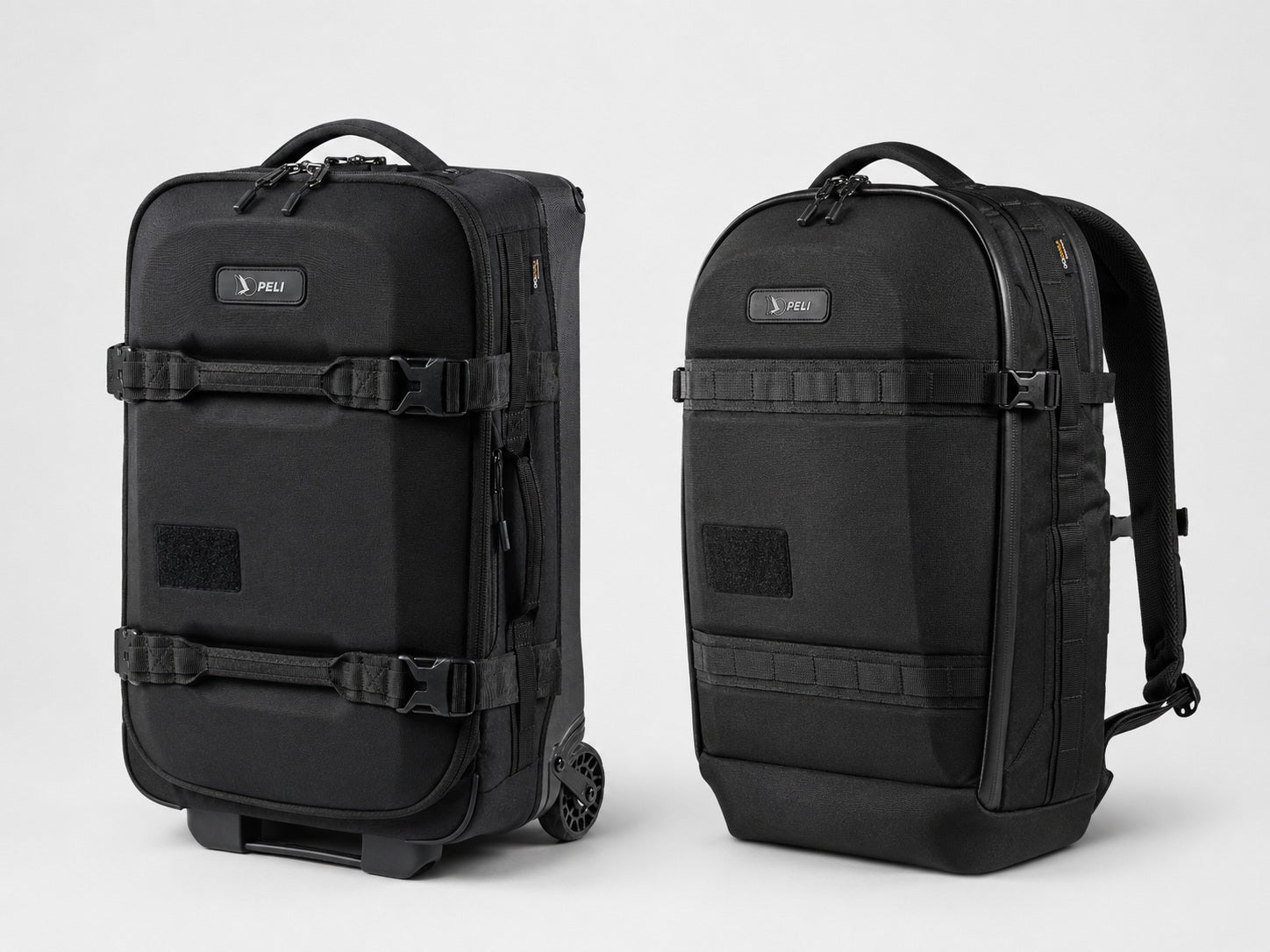 Peli Aegis PX25 Rucksack und HY22 Rollen-Reisetasche zusammen als aufeinander abgestimmtes Reiseset